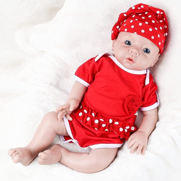 🆕20 inch Full Body Silicone Baby Dolls Girl With Feeding Tools Wears Pholka Dot - Picture 4 of 9